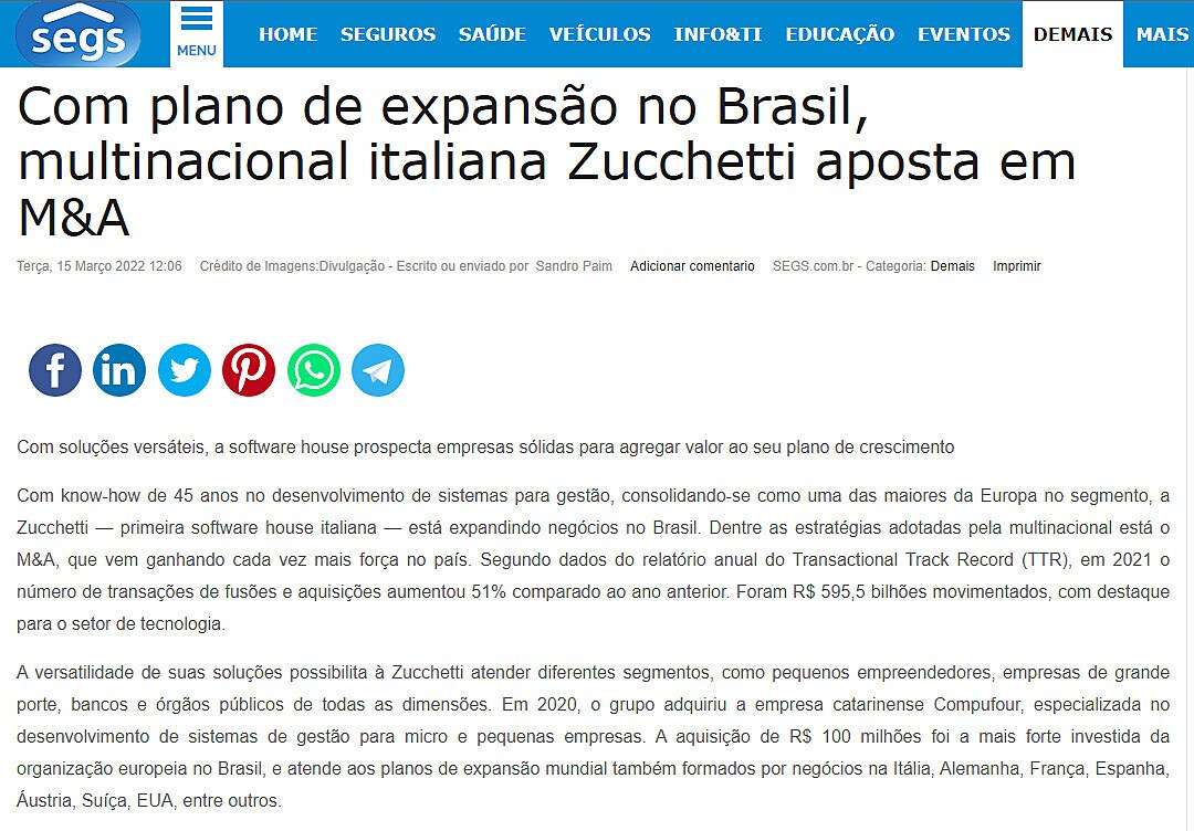 Com plano de expanso no Brasil, multinacional italiana Zucchetti aposta em M&A